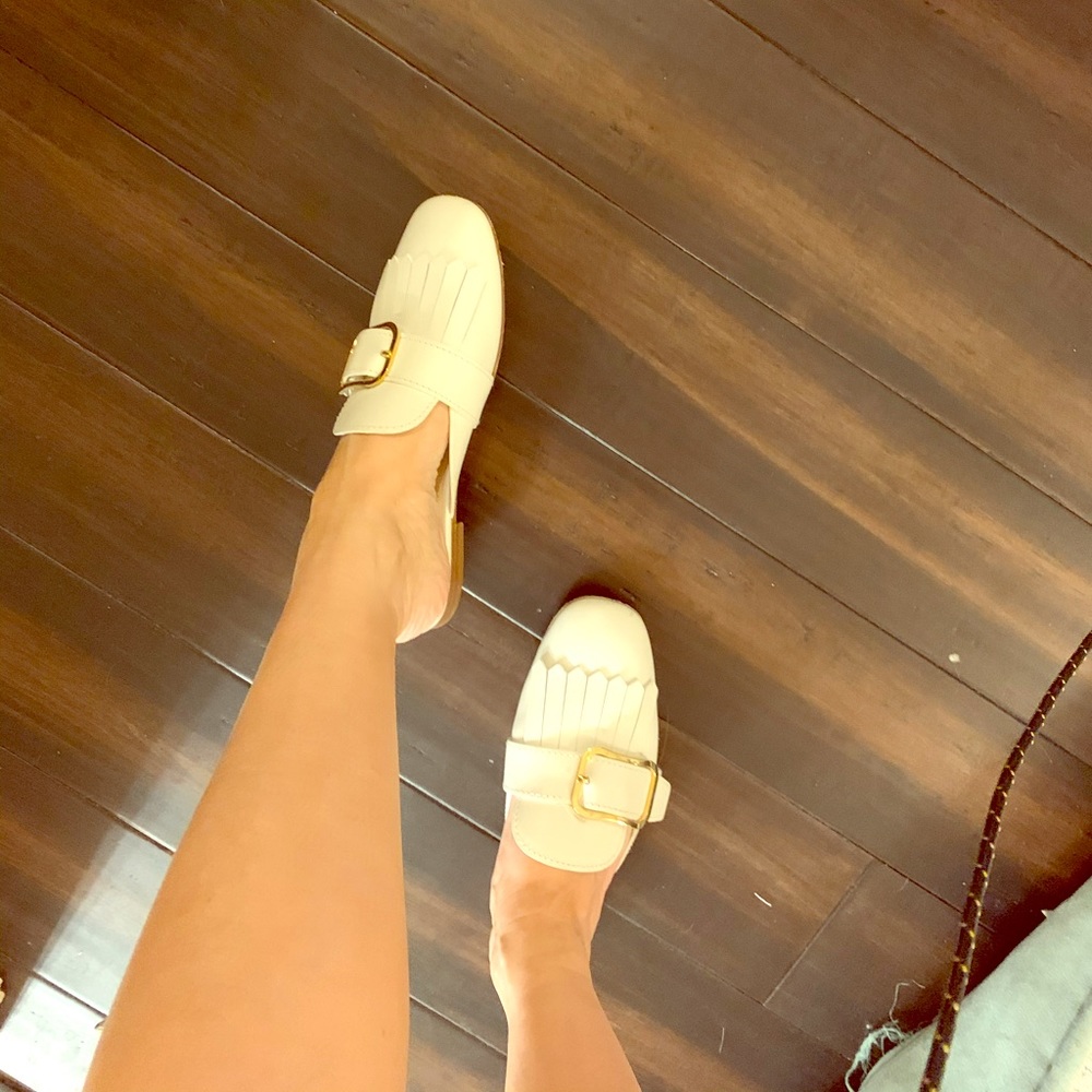 Prada Gold Buckle White Mules